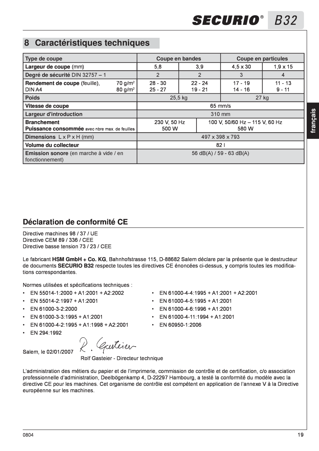 HSM B32 manual Caractéristiques techniques, Déclaration de conformité CE, français 