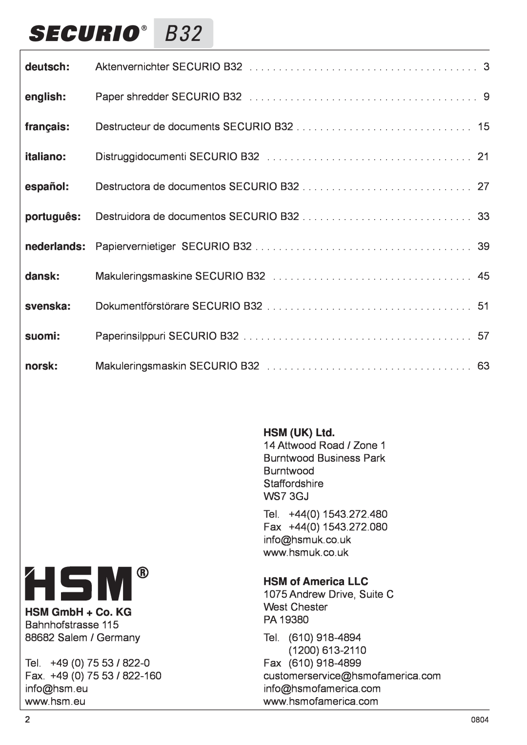HSM B32 manual HSM of America LLC, HSM GmbH + Co. KG 