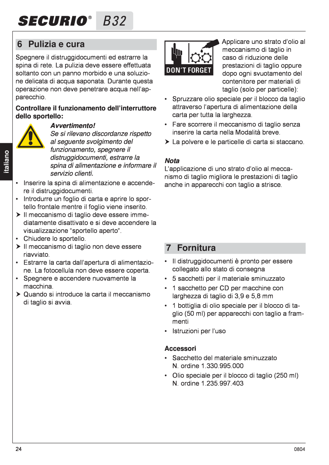 HSM B32 Pulizia e cura, Fornitura, Controllare il funzionamento dell’interruttore dello sportello, Avvertimento, Accessori 