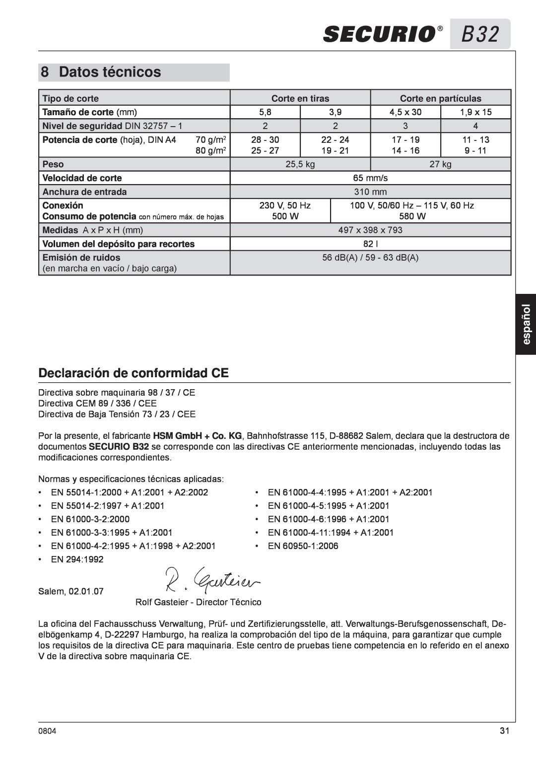 HSM B32 manual Datos técnicos, Declaración de conformidad CE, español 