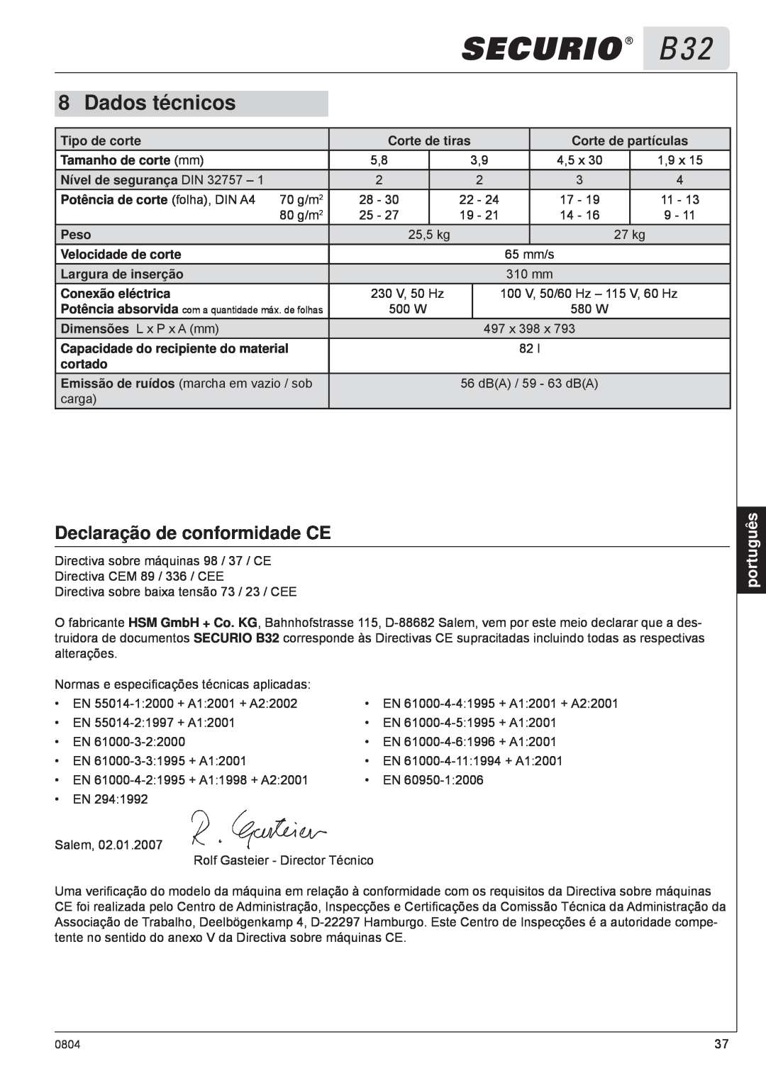 HSM B32 manual Dados técnicos, Declaração de conformidade CE, português 