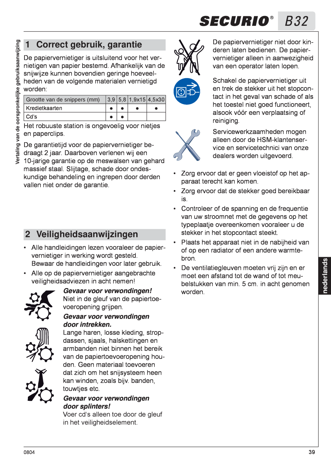 HSM B32 manual Correct gebruik, garantie, Veiligheidsaanwijzingen, nederlands 