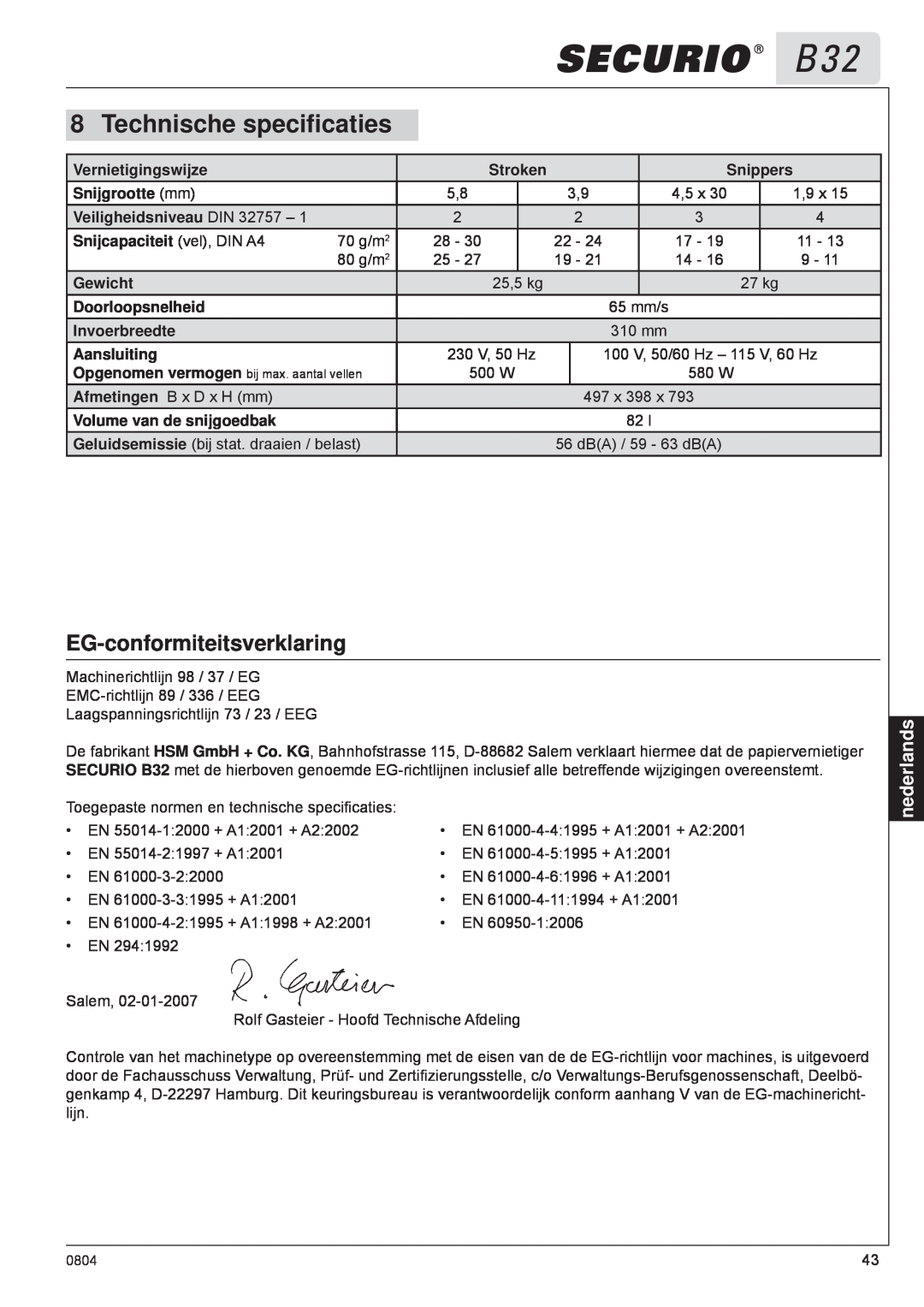 HSM B32 manual Technische speciﬁcaties, EG-conformiteitsverklaring, nederlands 