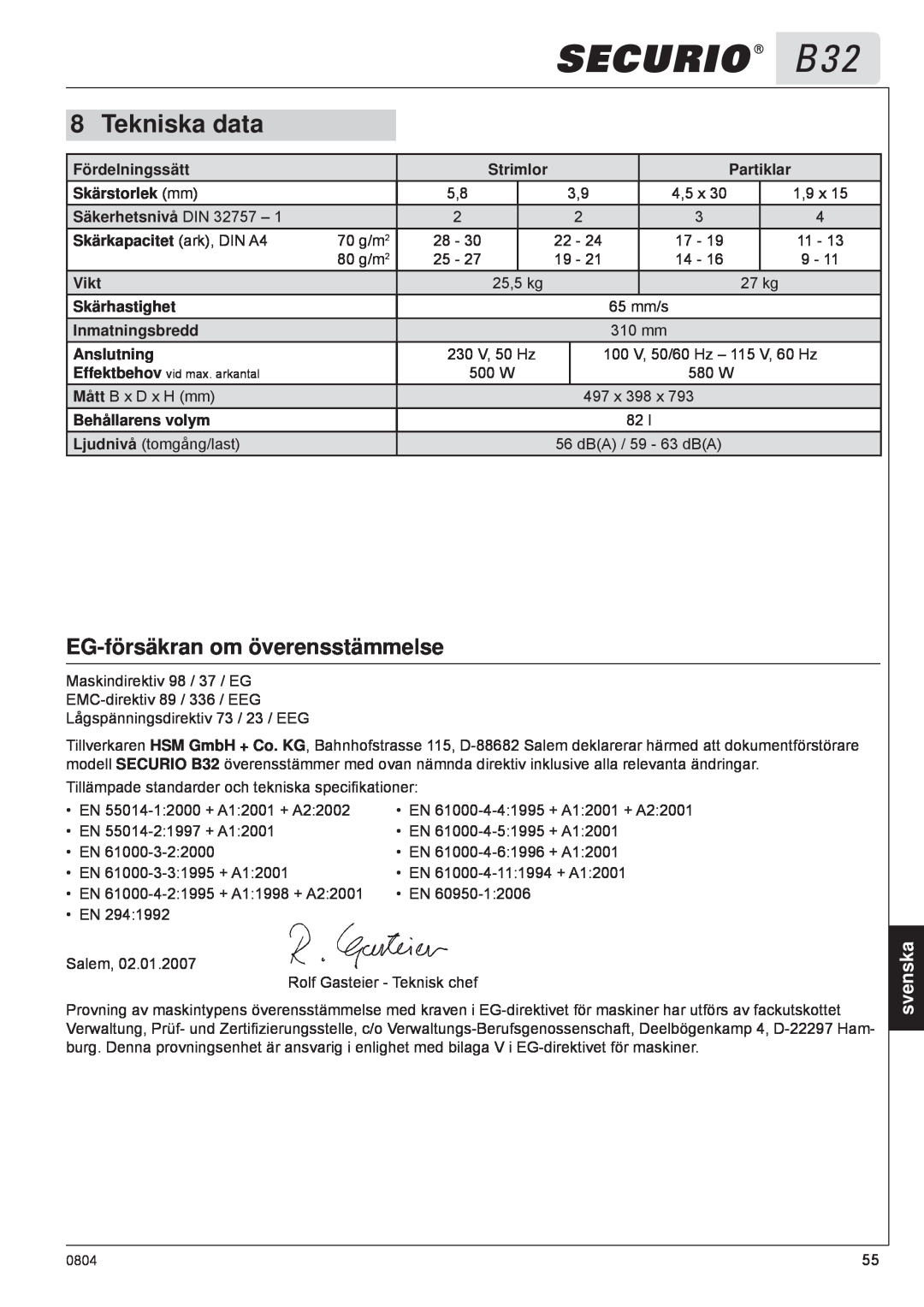 HSM B32 manual Tekniska data, EG-försäkran om överensstämmelse, svenska 