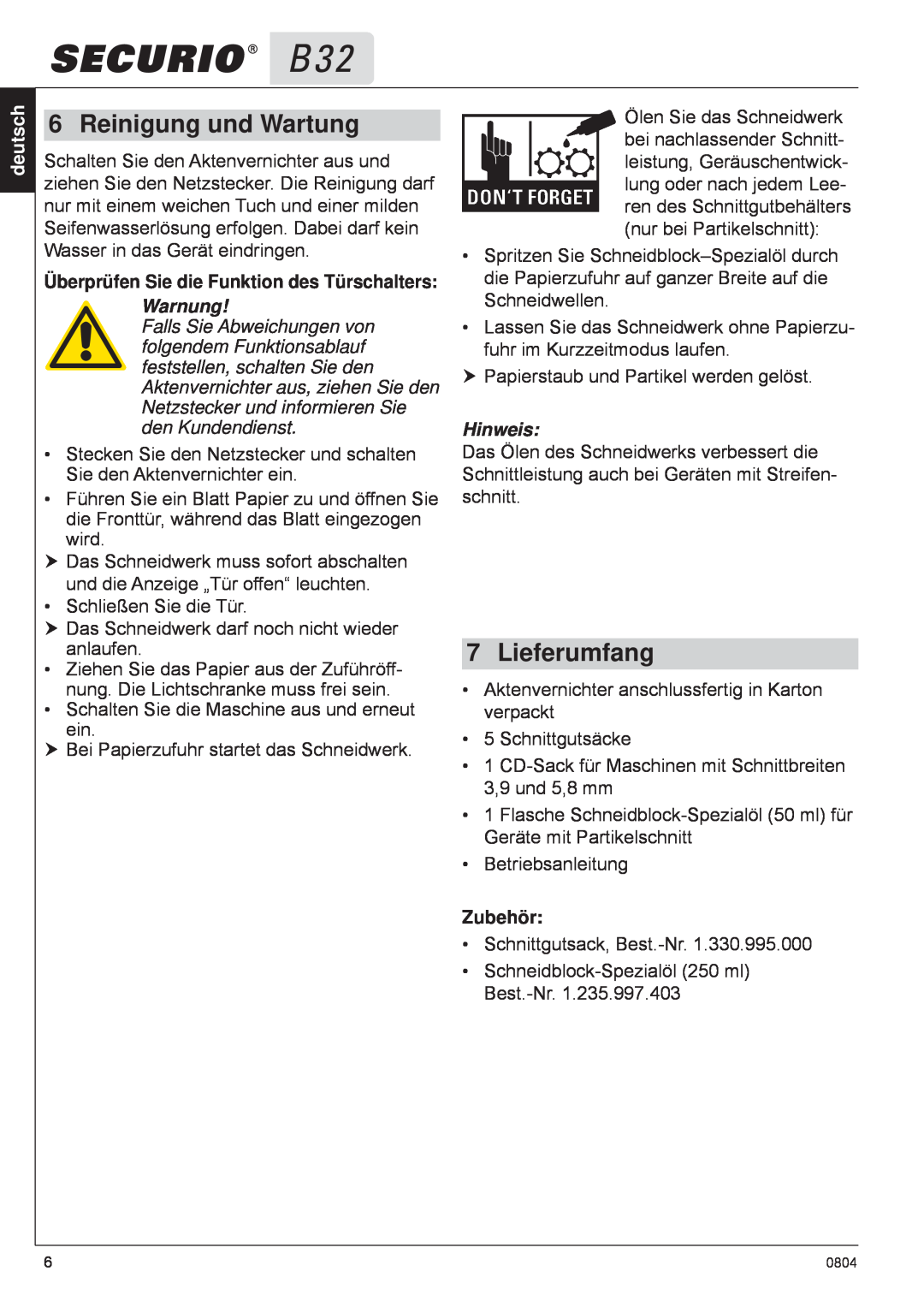 HSM B32 manual Reinigung und Wartung, Lieferumfang, Überprüfen Sie die Funktion des Türschalters, Warnung, Zubehör, deutsch 