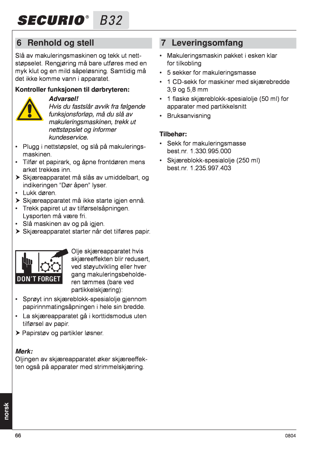 HSM B32 manual Renhold og stell, Leveringsomfang, Kontroller funksjonen til dørbryteren, norsk, Advarsel, Merk, Tilbehør 