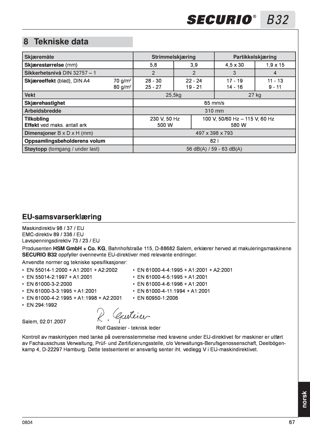 HSM B32 manual EU-samsvarserklæring, Tekniske data, norsk 