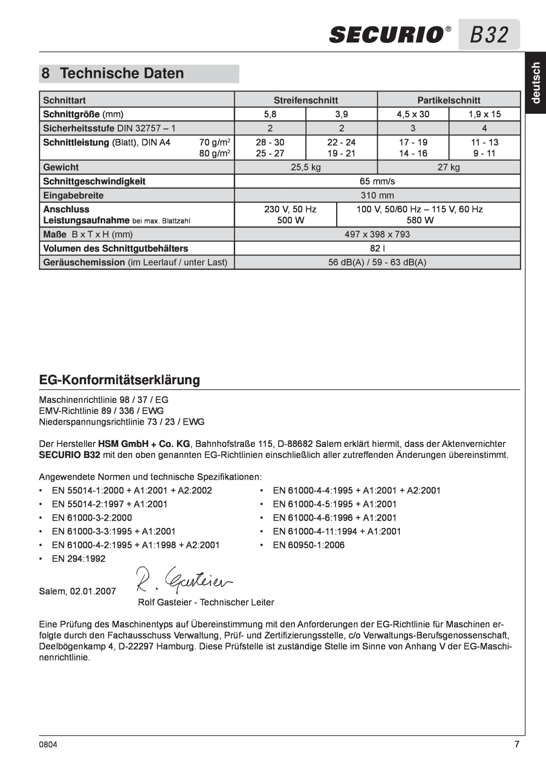 HSM B32 manual Technische Daten, EG-Konformitätserklärung, deutsch 