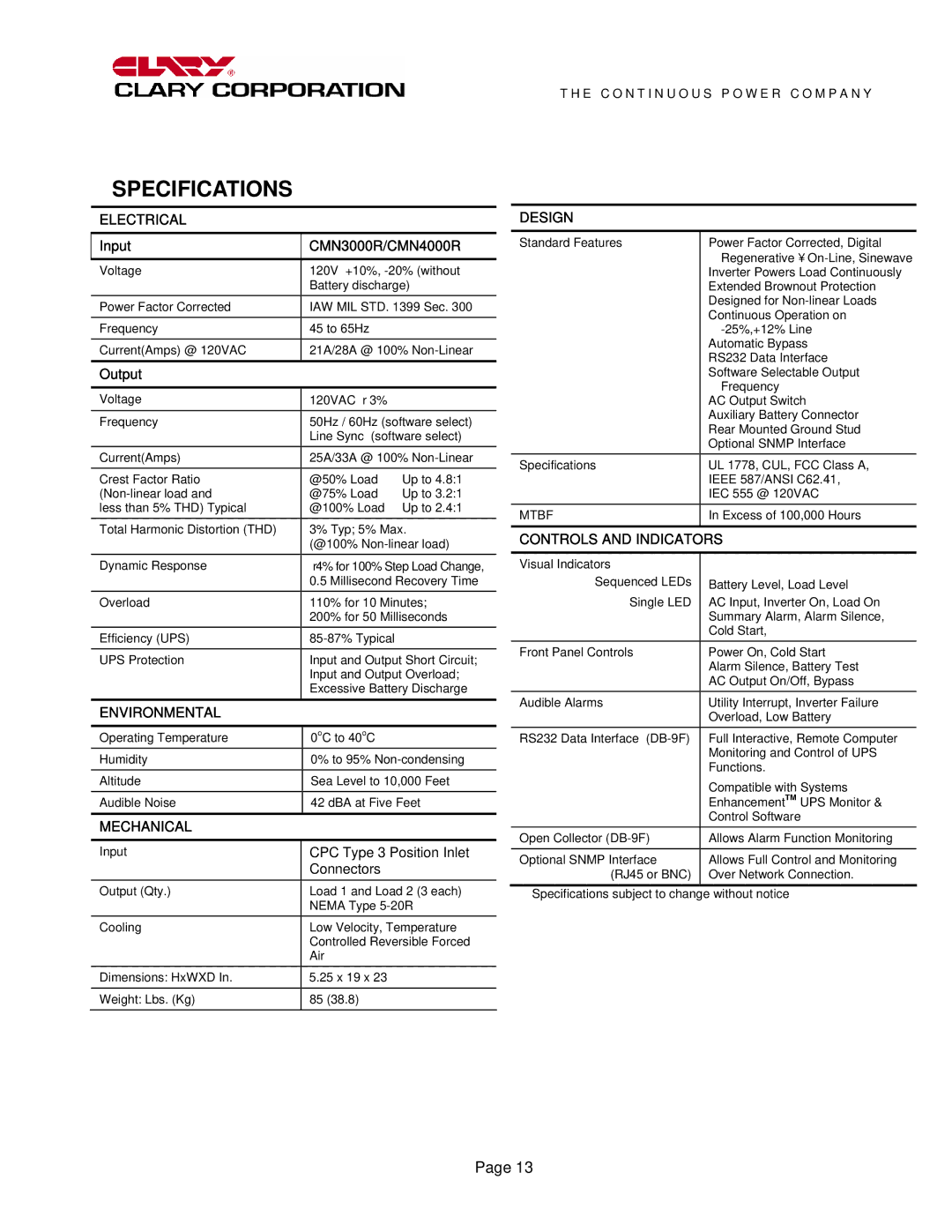 HSM CMN3000R, CMN4000R manual Specifications, Electrical Design 