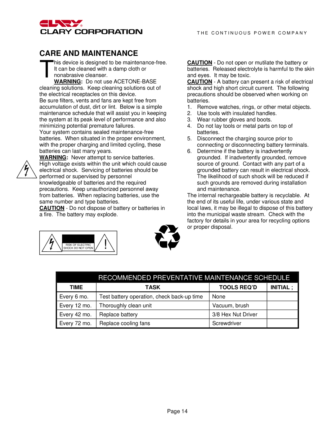 HSM CMN4000R, CMN3000R manual Care and Maintenance, Recommended Preventative Maintenance Schedule 