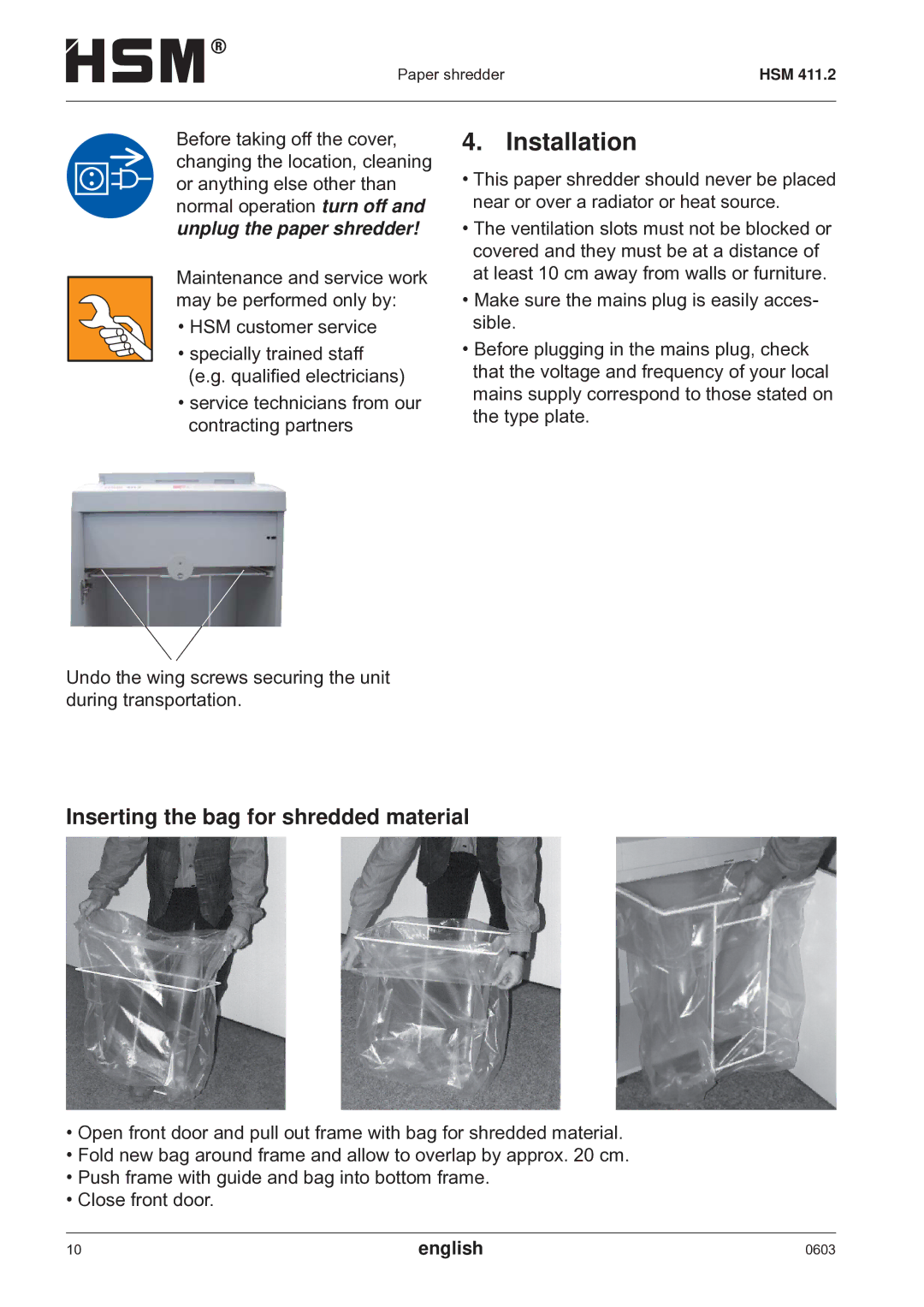 HSM HSM 411.2 operating instructions Installation, Inserting the bag for shredded material 