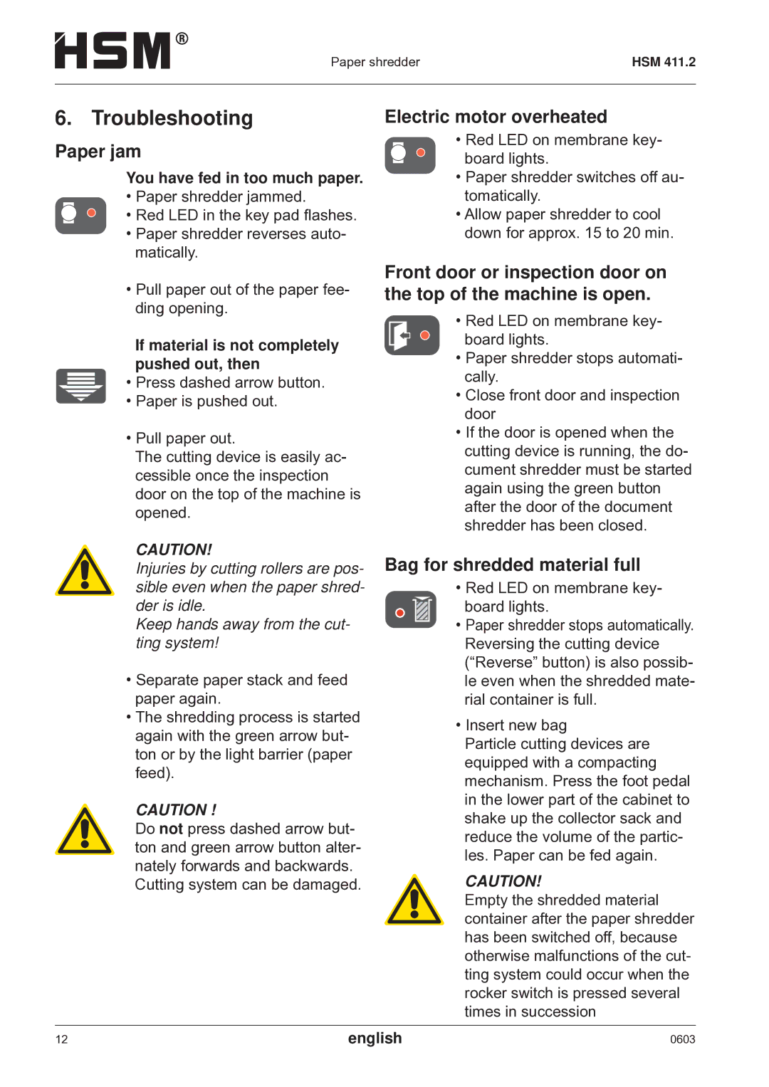 HSM HSM 411.2 operating instructions Troubleshooting, Paper jam, Electric motor overheated, Bag for shredded material full 