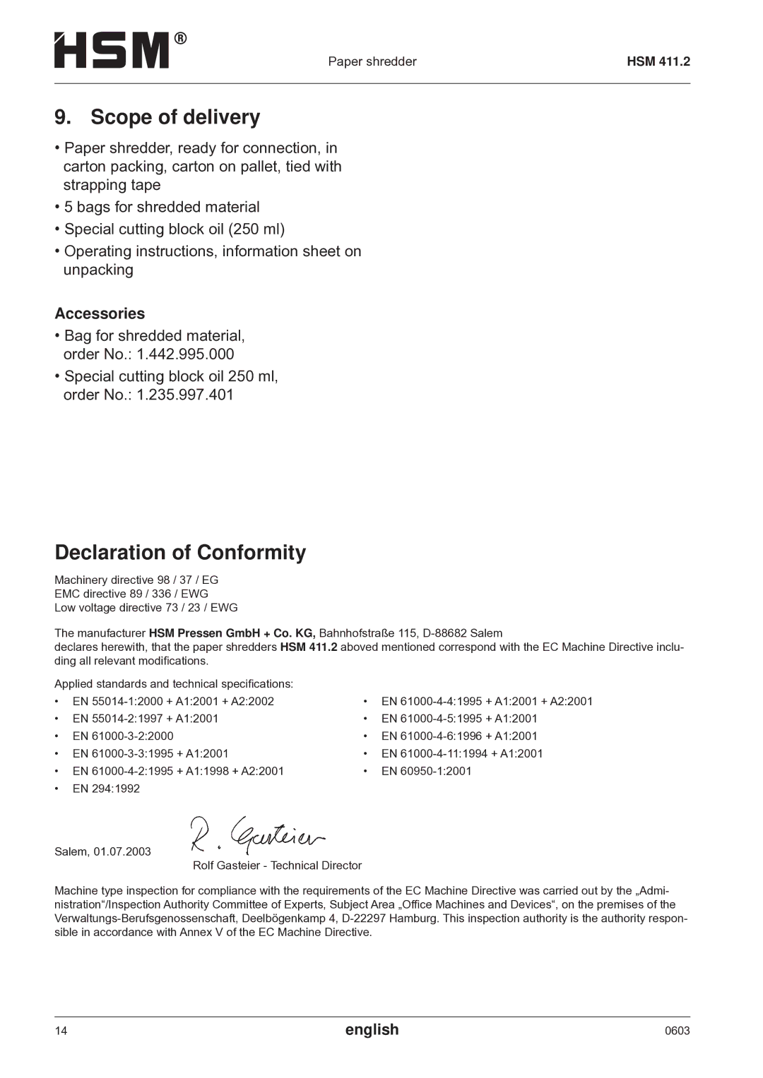 HSM HSM 411.2 operating instructions Scope of delivery, Declaration of Conformity, Accessories 