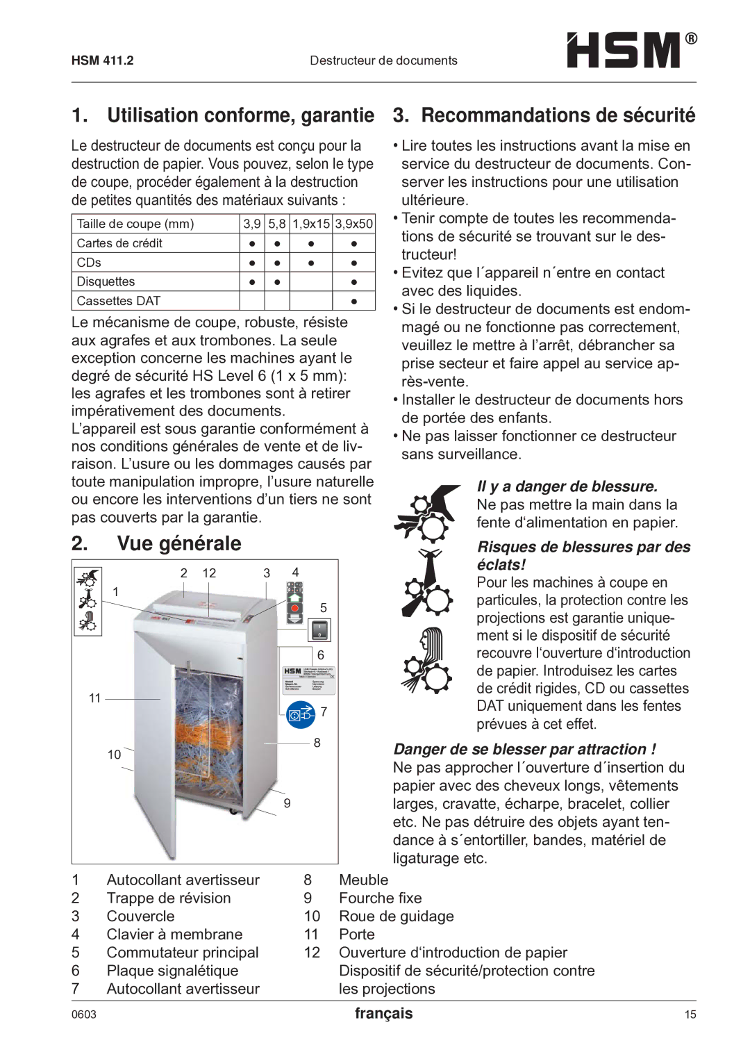 HSM HSM 411.2 operating instructions Utilisation conforme, garantie, Vue générale Recommandations de sécurité, Français 