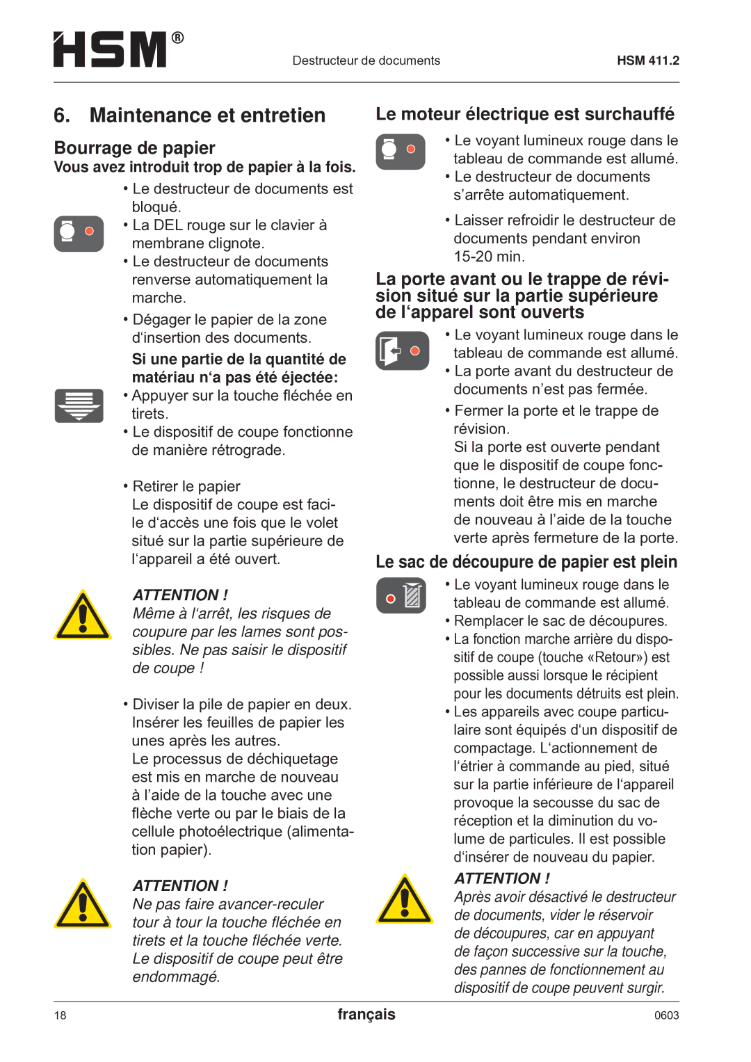 HSM HSM 411.2 operating instructions Maintenance et entretien, Bourrage de papier, Le moteur électrique est surchauffé 