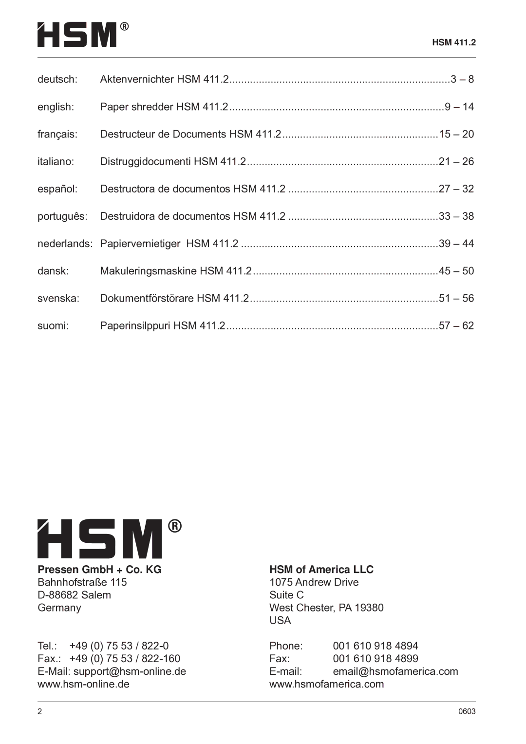 HSM HSM 411.2 operating instructions Pressen GmbH + Co. KG HSM of America LLC, Deutsch, Hsm 