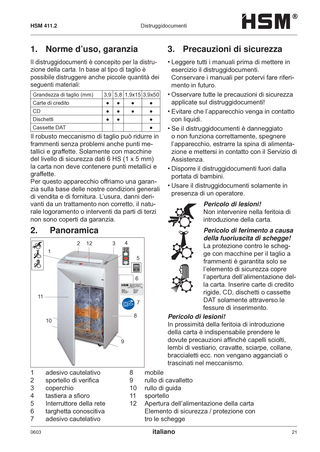 HSM HSM 411.2 Norme d’uso, garanzia, Panoramica Precauzioni di sicurezza, Pericolo di lesioni, Italiano 