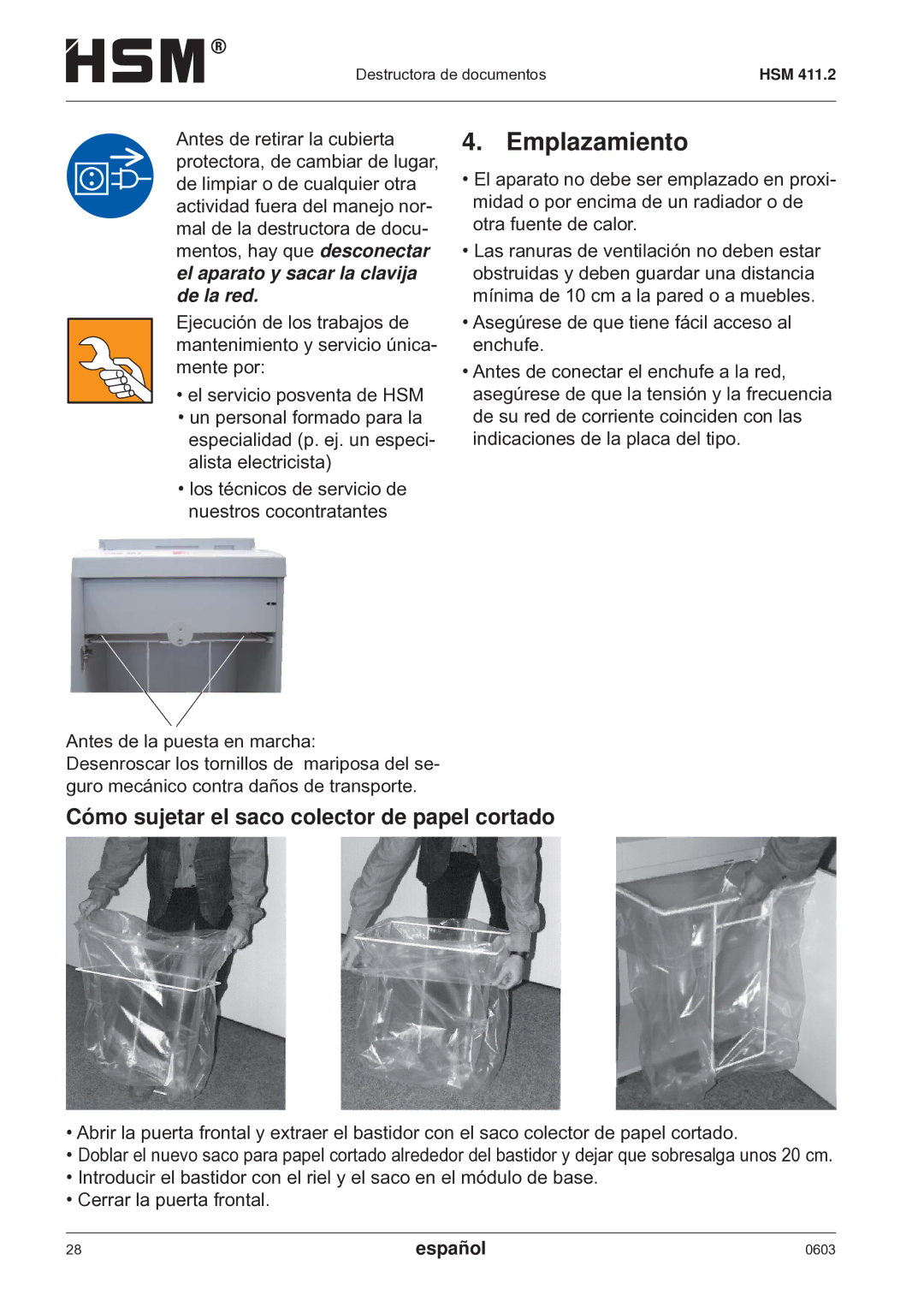 HSM HSM 411.2 operating instructions Emplazamiento, Cómo sujetar el saco colector de papel cortado 