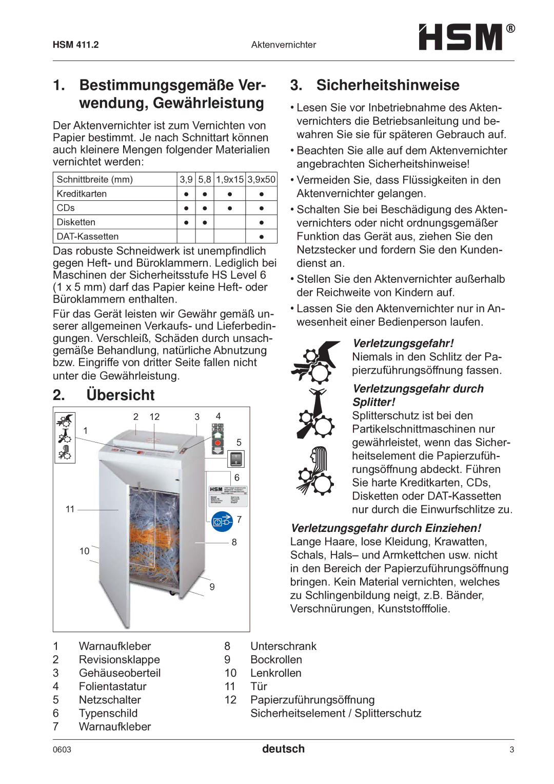 HSM HSM 411.2 Bestimmungsgemäße Ver- wendung, Gewährleistung, Übersicht Sicherheitshinweise, Verletzungsgefahr 