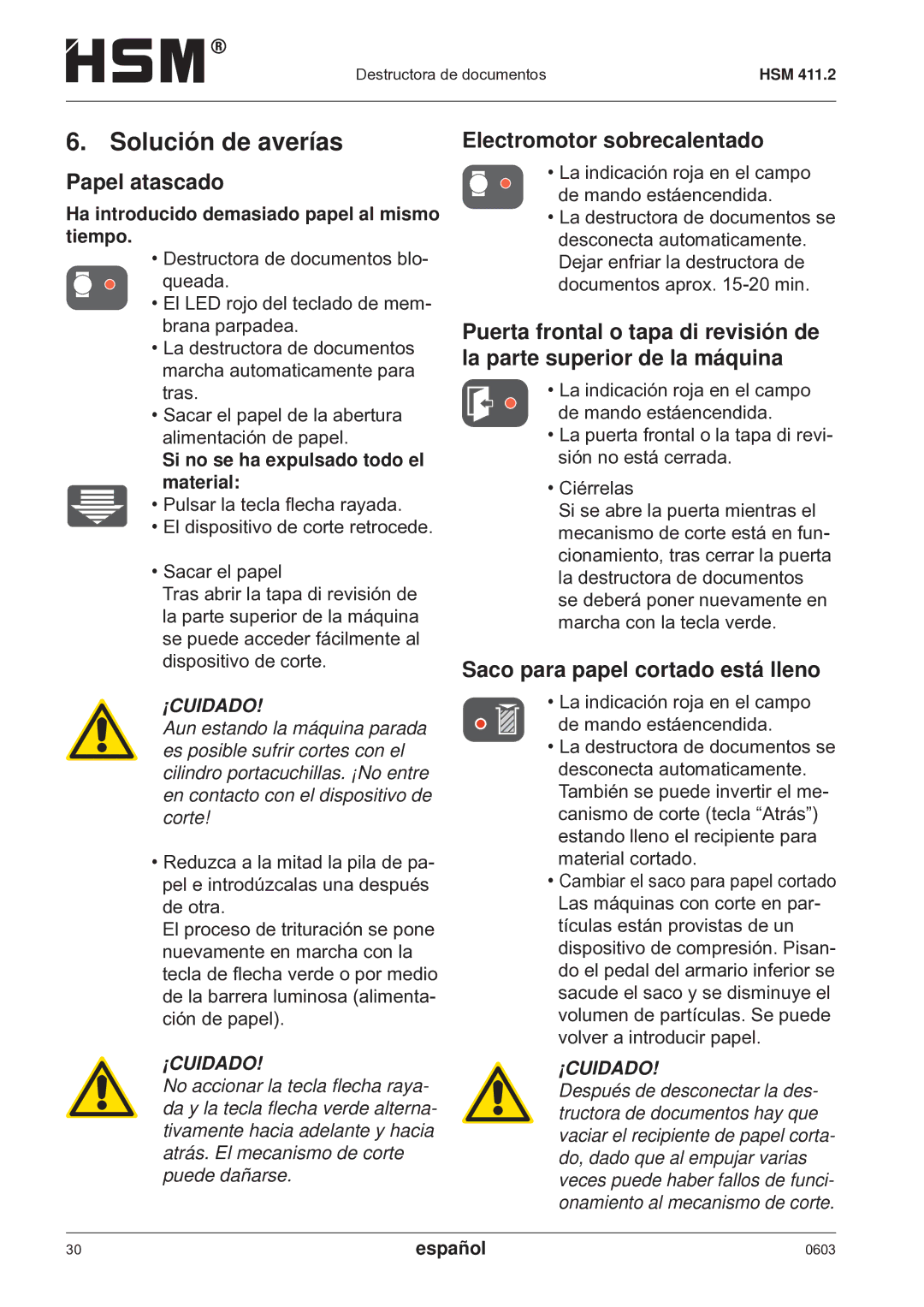 HSM HSM 411.2 Solución de averías, Papel atascado, Electromotor sobrecalentado, Saco para papel cortado está lleno 