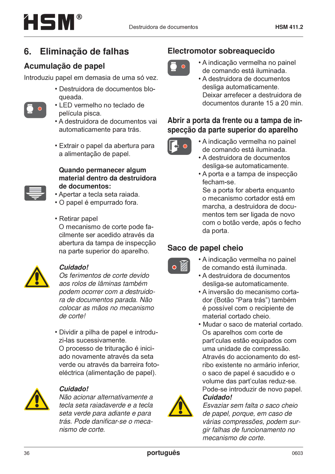 HSM HSM 411.2 Eliminação de falhas, Acumulação de papel, Electromotor sobreaquecido, Saco de papel cheio, Cuidado 