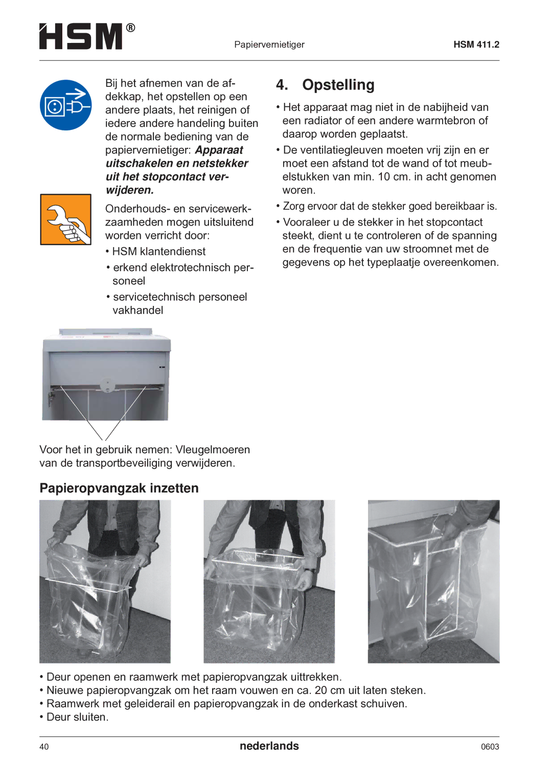 HSM HSM 411.2 operating instructions Opstelling, Papieropvangzak inzetten 