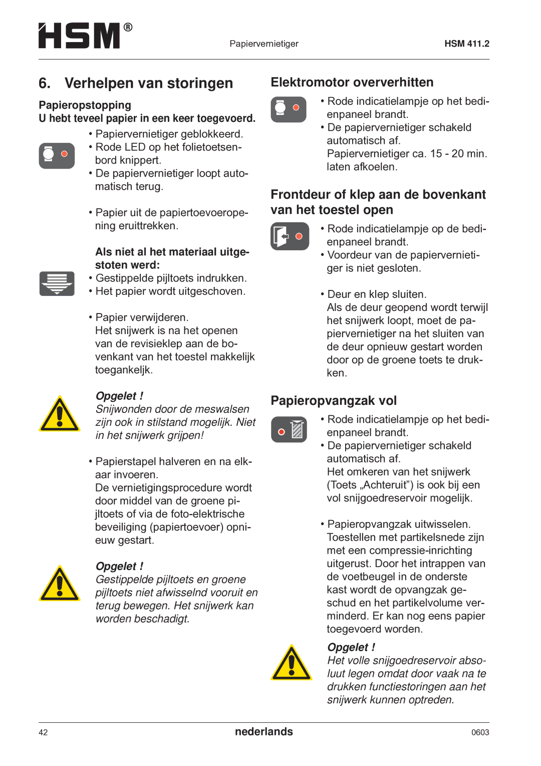 HSM HSM 411.2 Verhelpen van storingen, Elektromotor oververhitten, Frontdeur of klep aan de bovenkant van het toestel open 