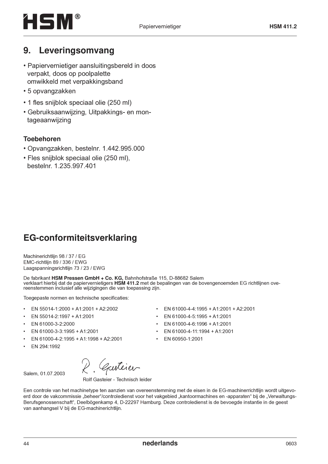 HSM HSM 411.2 operating instructions Leveringsomvang, EG-conformiteitsverklaring, Toebehoren 