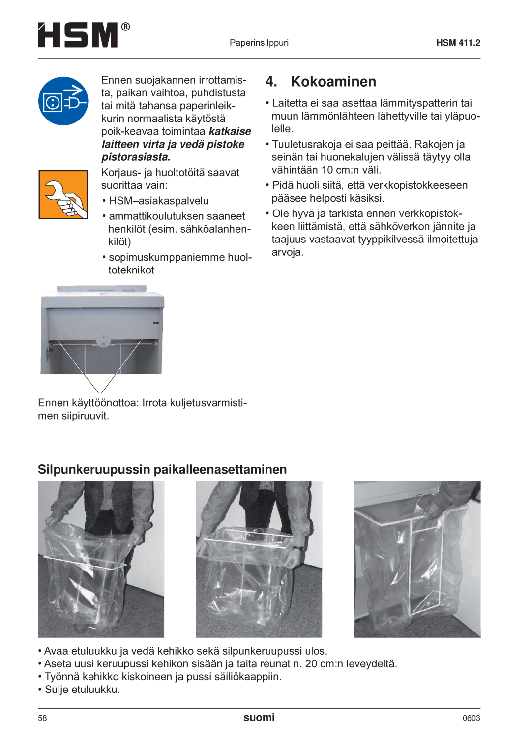 HSM HSM 411.2 operating instructions Kokoaminen, Silpunkeruupussin paikalleenasettaminen 