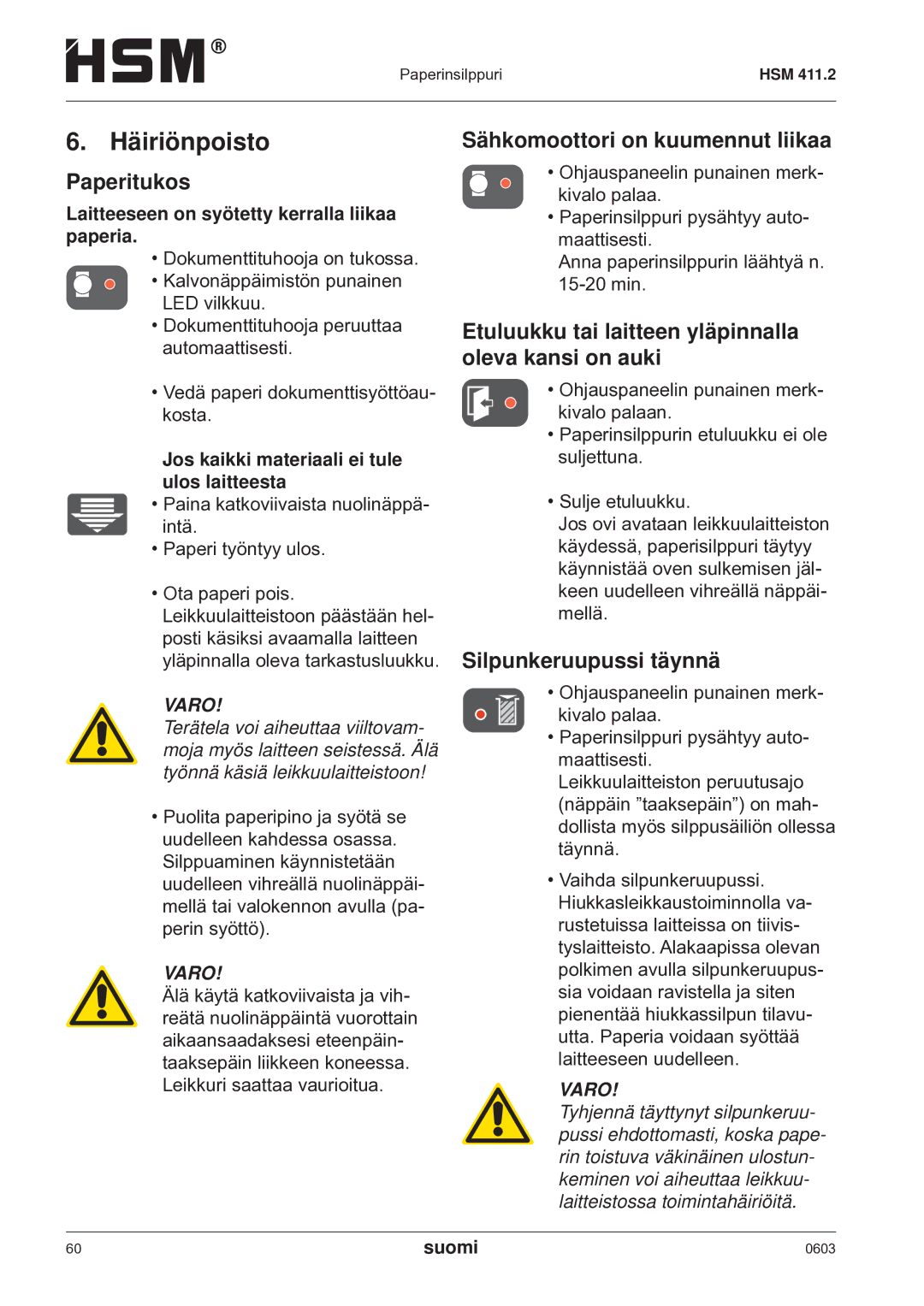 HSM HSM 411.2 operating instructions Häiriönpoisto, Paperitukos, Sähkomoottori on kuumennut liikaa, Silpunkeruupussi täynnä 