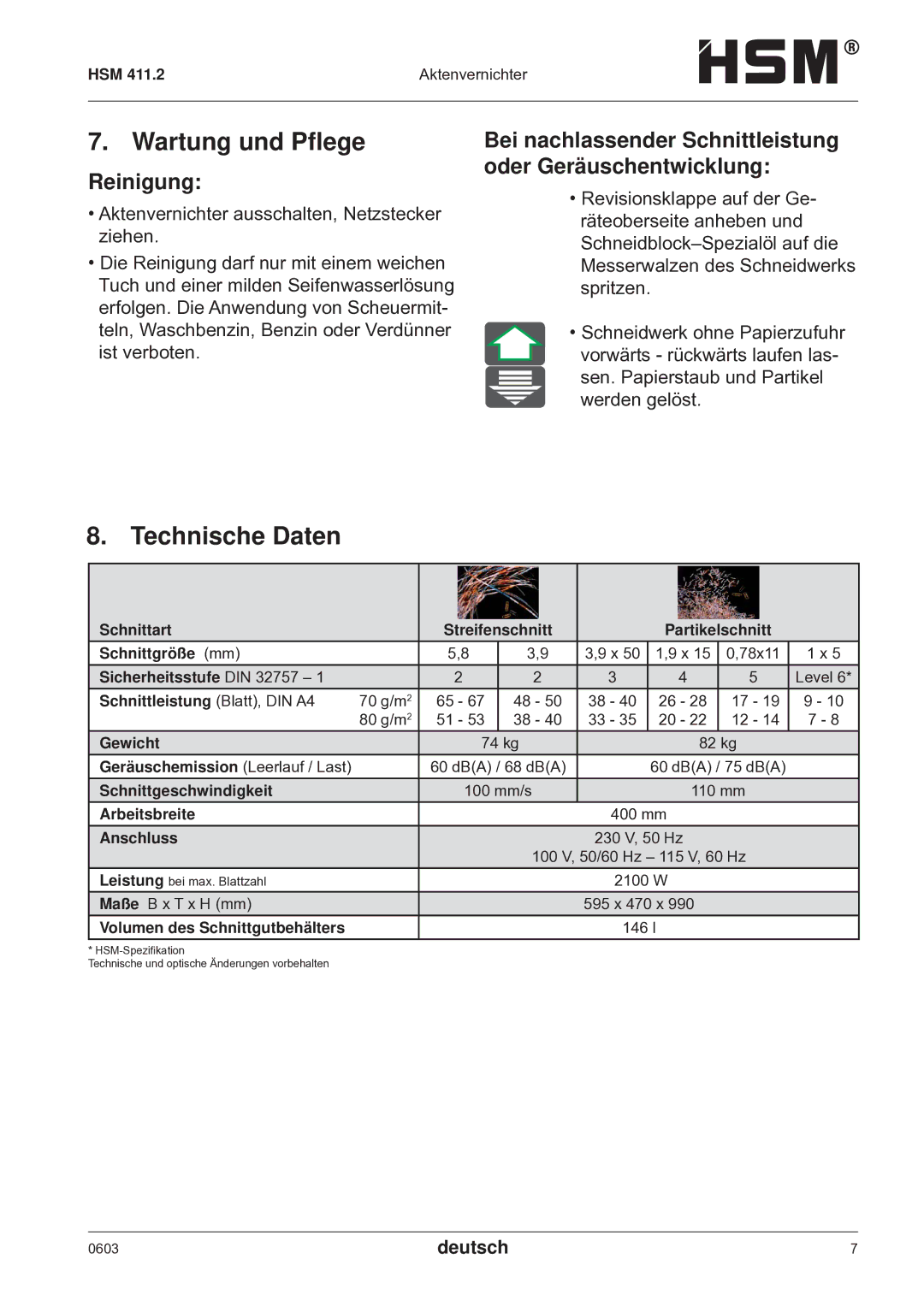 HSM HSM 411.2 operating instructions Wartung und Pﬂege, Technische Daten, Reinigung 