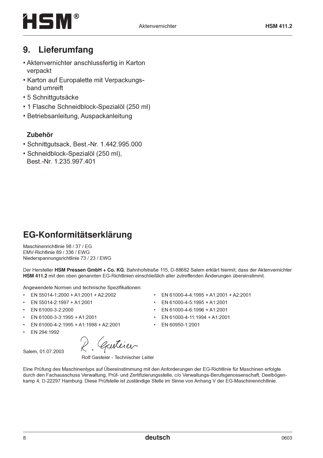 HSM HSM 411.2 operating instructions Lieferumfang, EG-Konformitätserklärung, Zubehör 