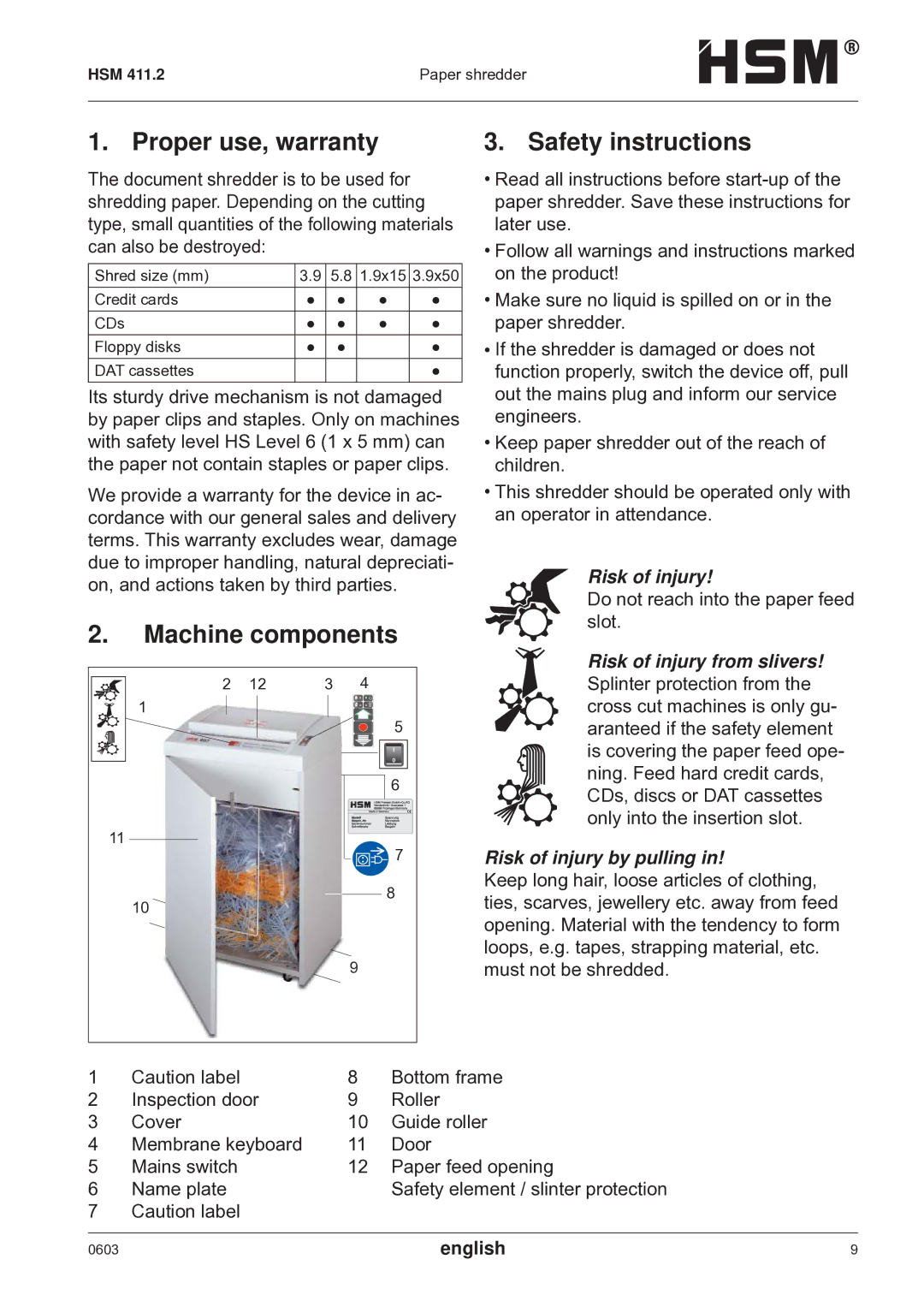 HSM HSM 411.2 Proper use, warranty, Machine components Safety instructions, Risk of injury, English, HSM Paper shredder 