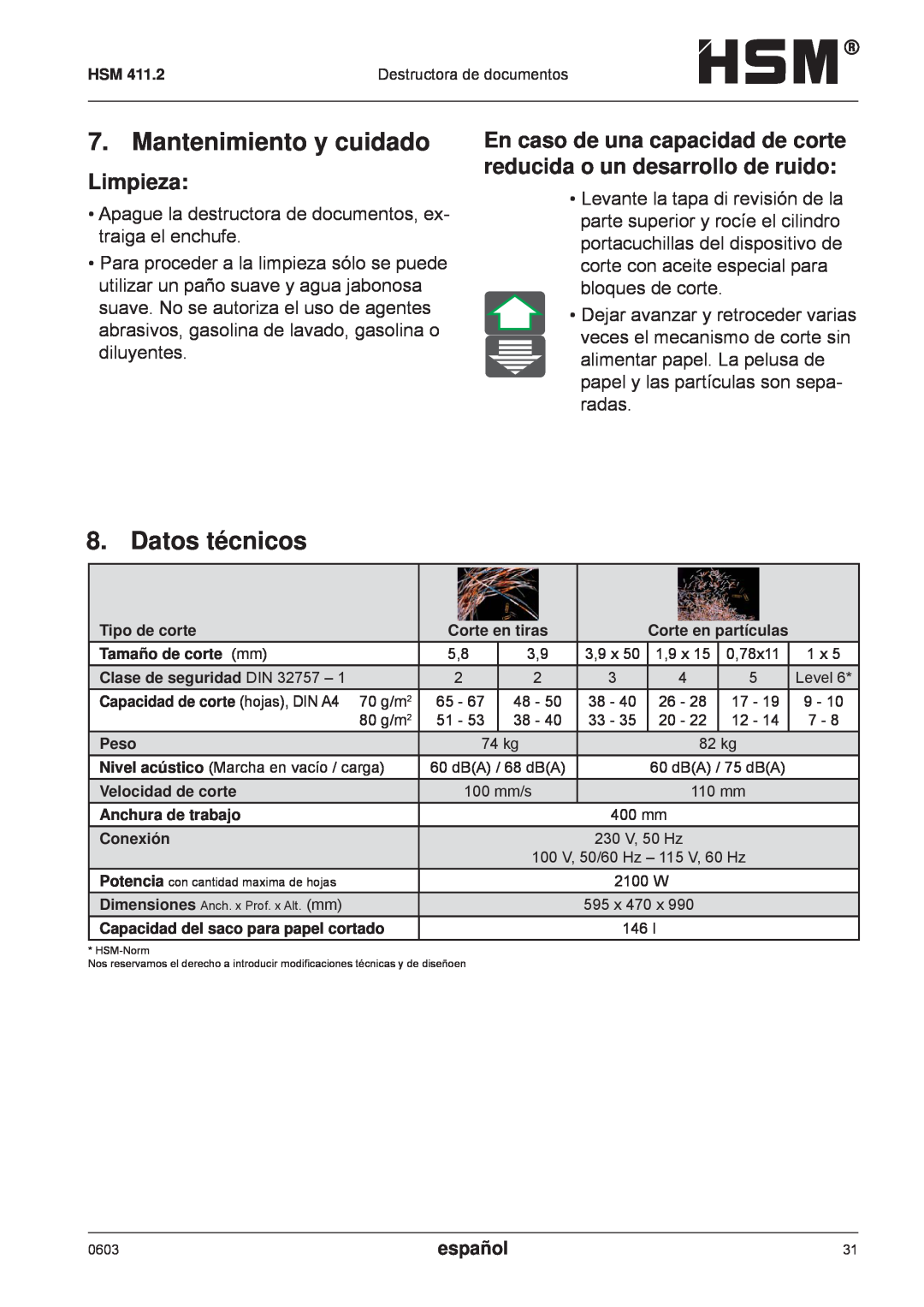 HSM HSM 411.2 operating instructions Mantenimiento y cuidado, Datos técnicos, Limpieza, español 