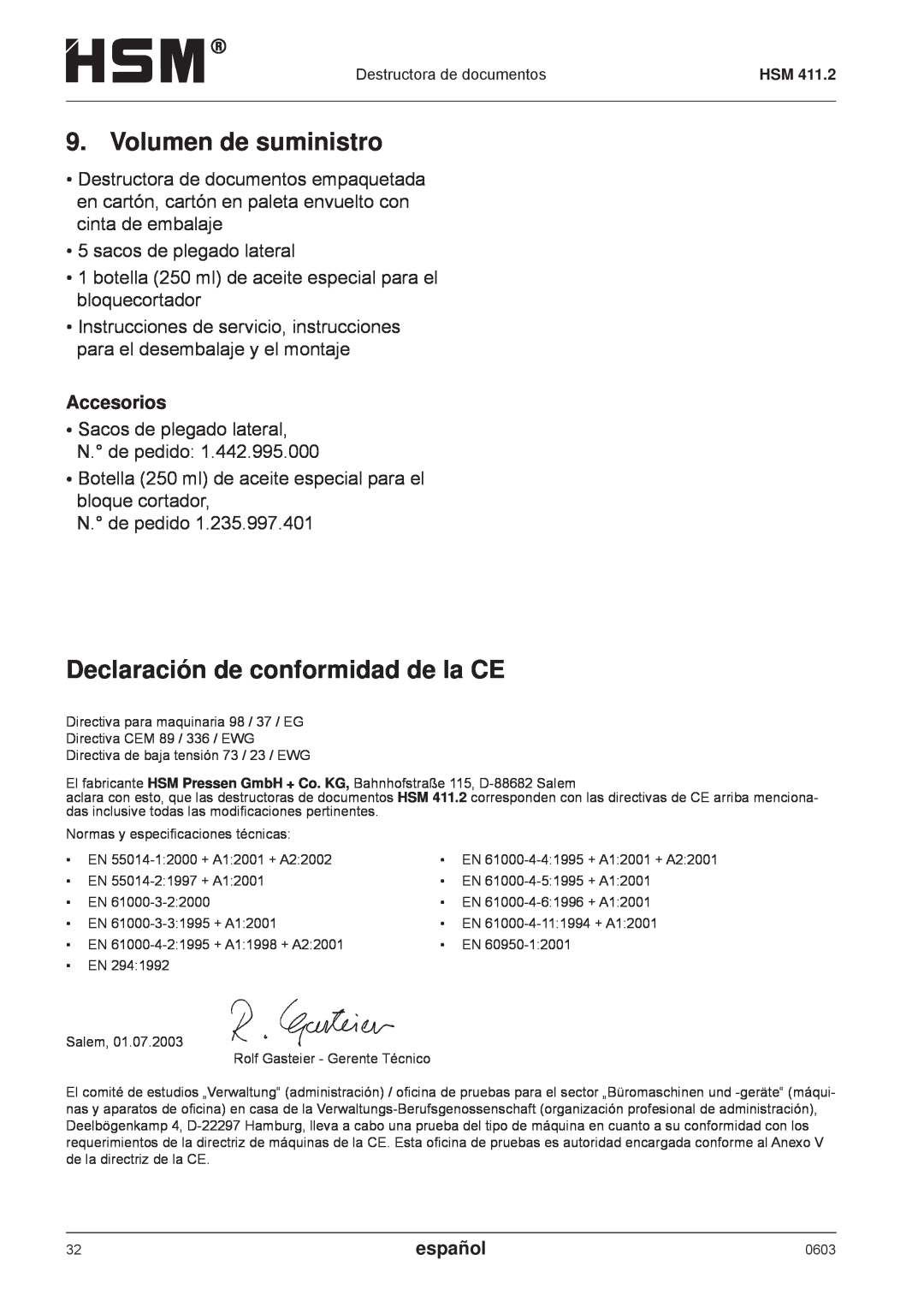 HSM HSM 411.2 Volumen de suministro, Declaración de conformidad de la CE, Accesorios, sacos de plegado lateral, español 