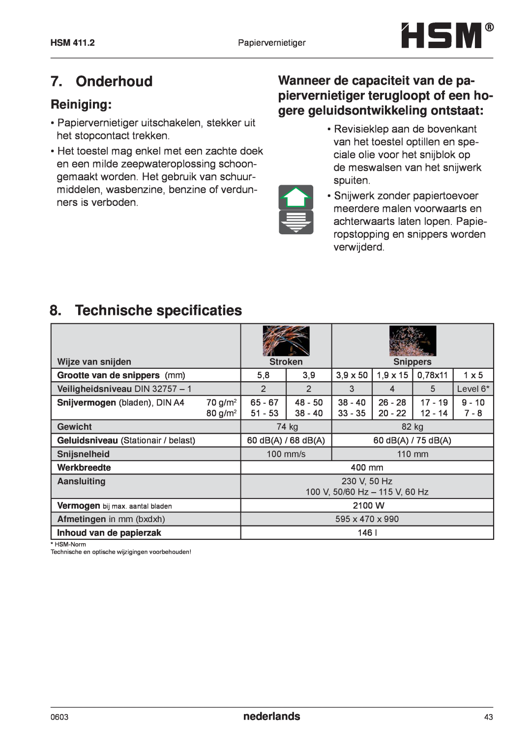 HSM HSM 411.2 operating instructions Onderhoud, Technische speciﬁcaties, Reiniging, nederlands 