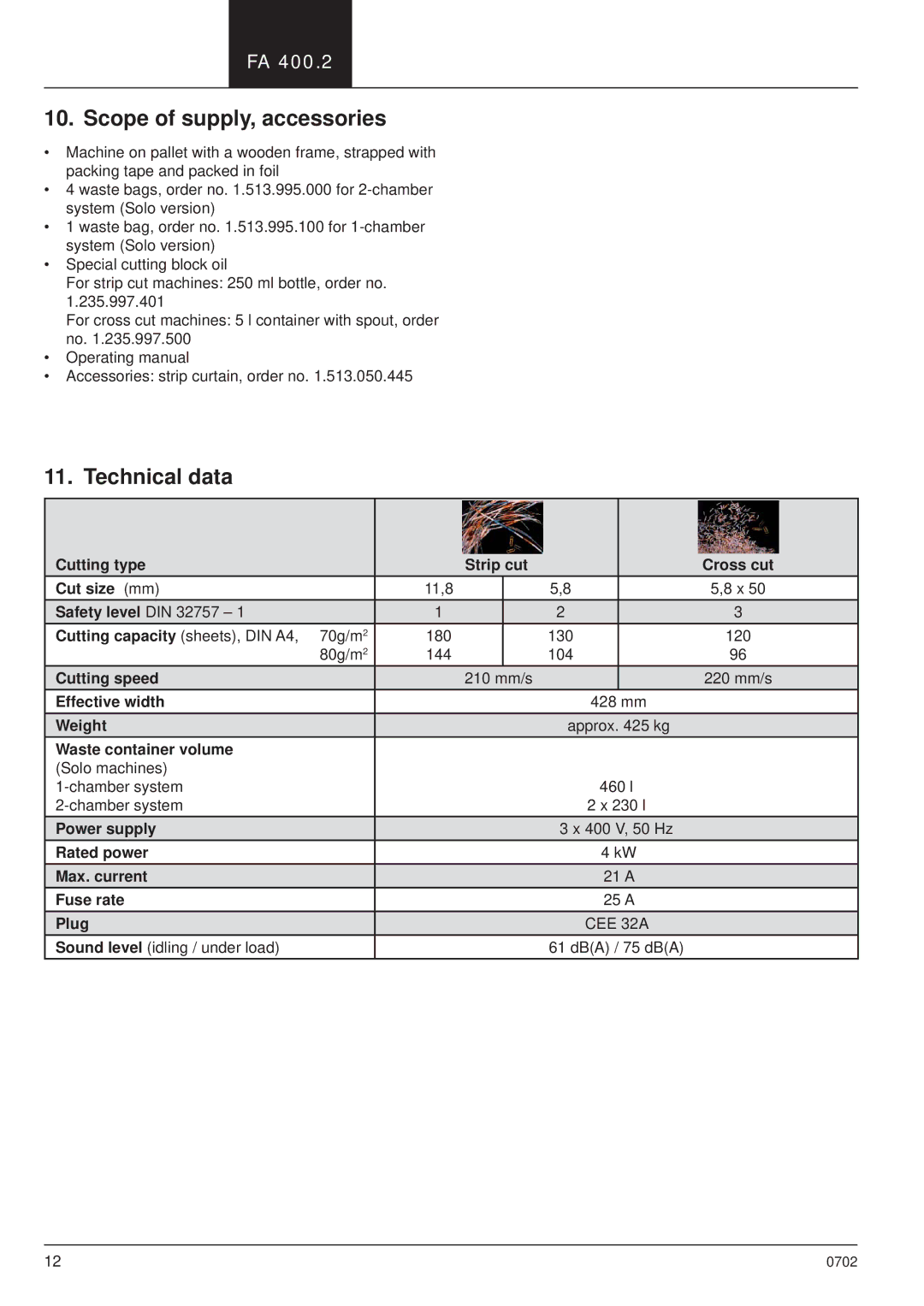 HSM HSM FA 400.2 manual Scope of supply, accessories, Technical data 