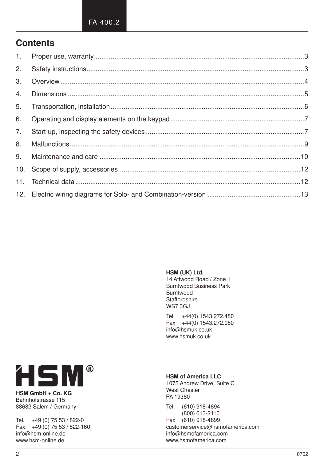 HSM HSM FA 400.2 manual Contents 