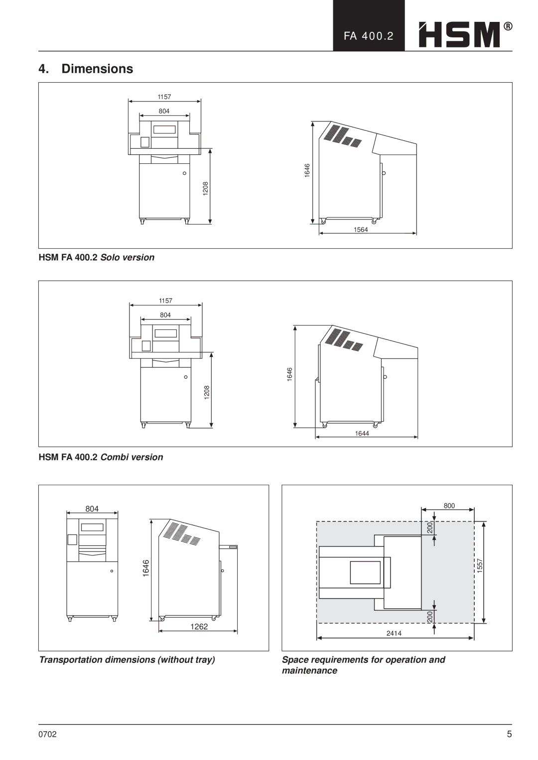 HSM manual Dimensions, HSM FA 400.2 Solo version, HSM FA 400.2 Combi version 