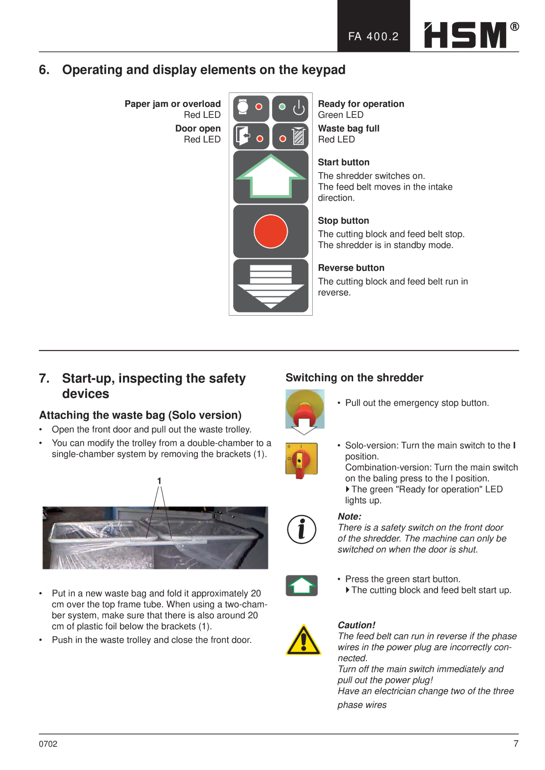 HSM HSM FA 400.2 manual Operating and display elements on the keypad, Start-up, inspecting the safety devices 