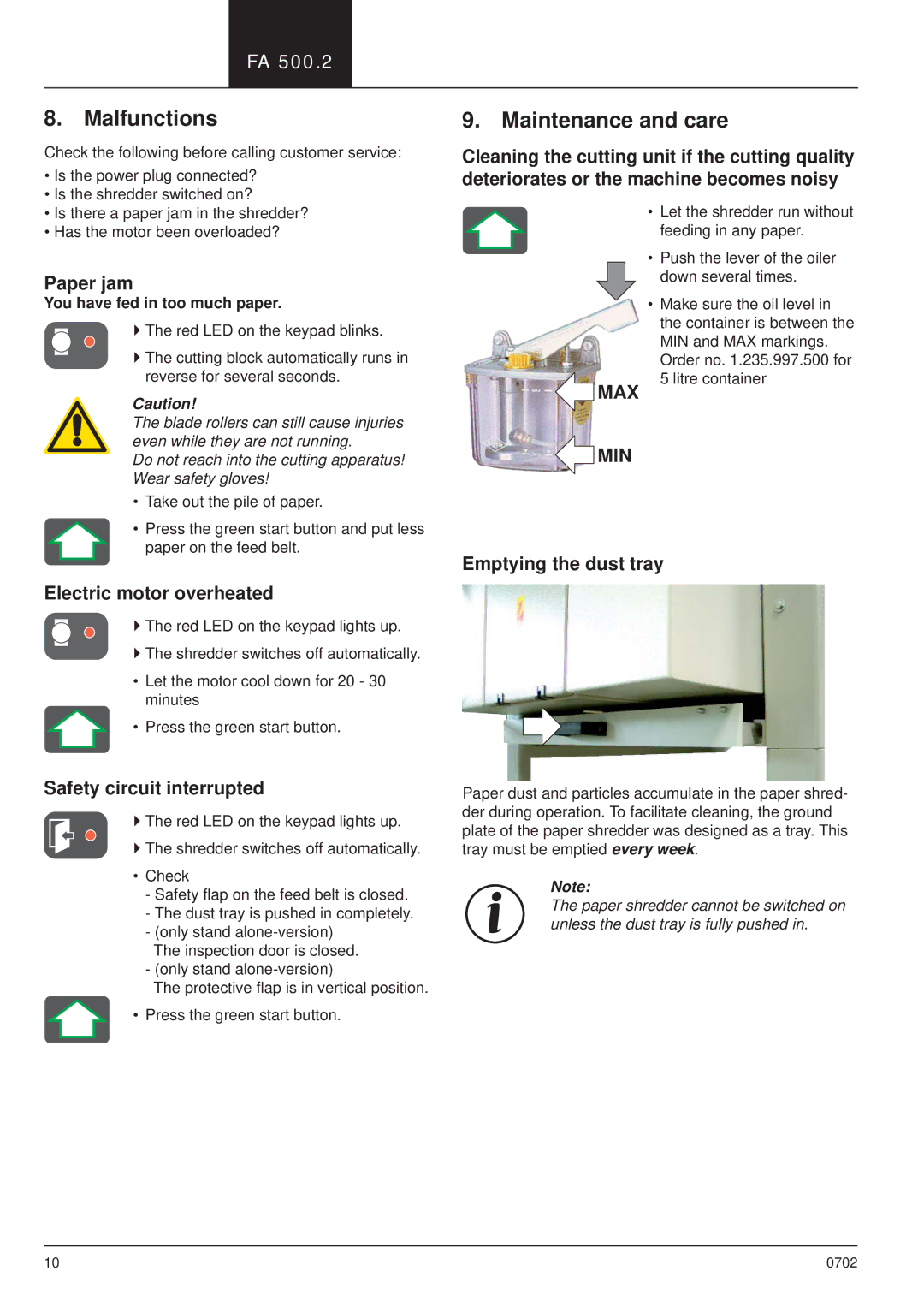 HSM HSM FA 500.2 manual Malfunctions, Maintenance and care 