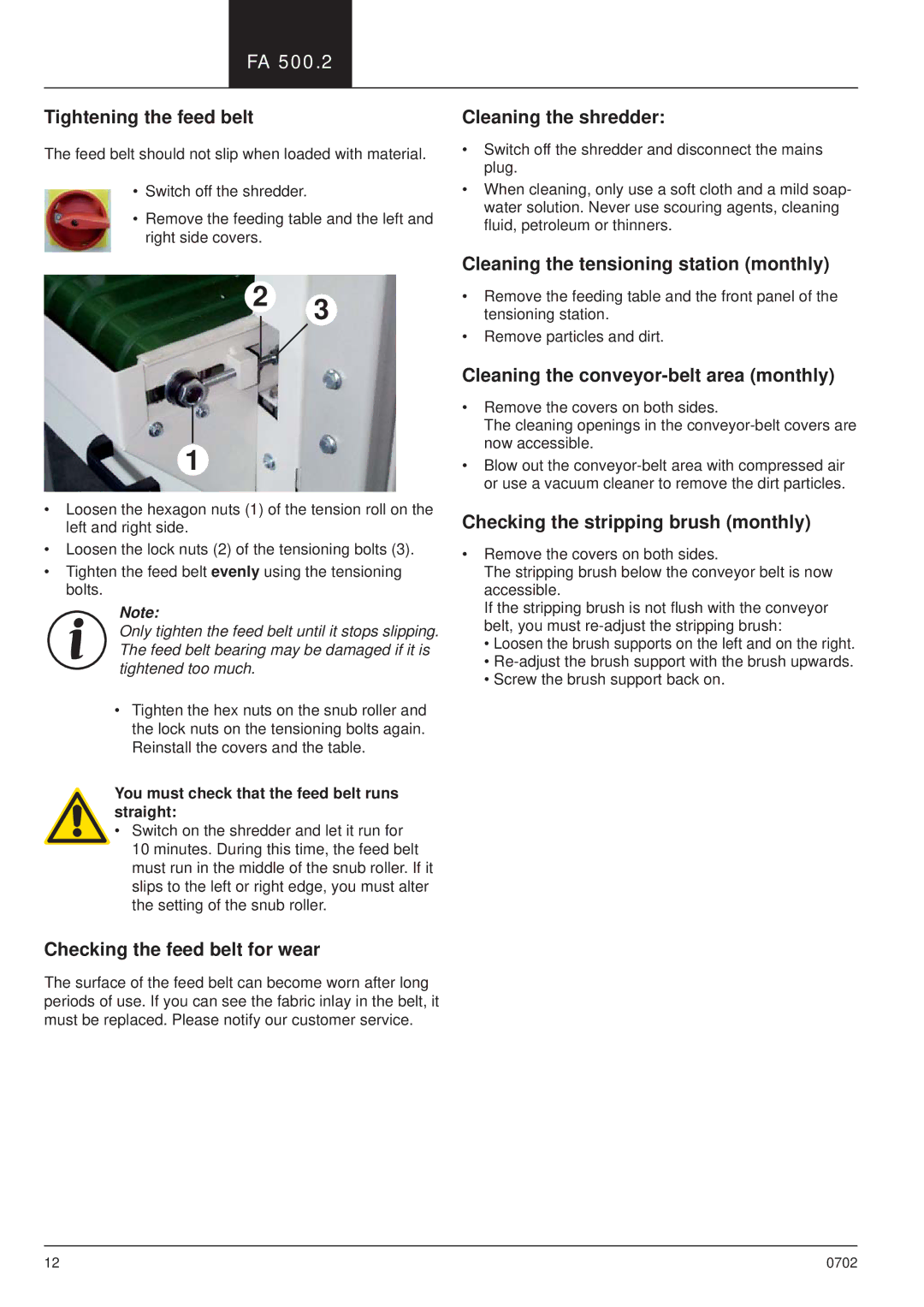 HSM HSM FA 500.2 manual Tightening the feed belt, Checking the feed belt for wear, Cleaning the shredder 