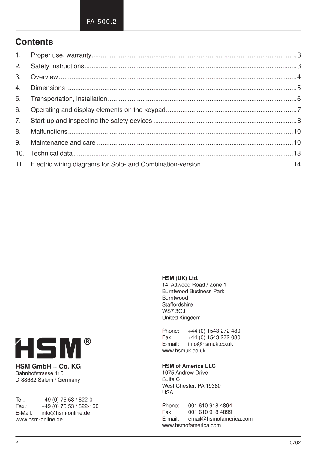 HSM HSM FA 500.2 manual Contents 