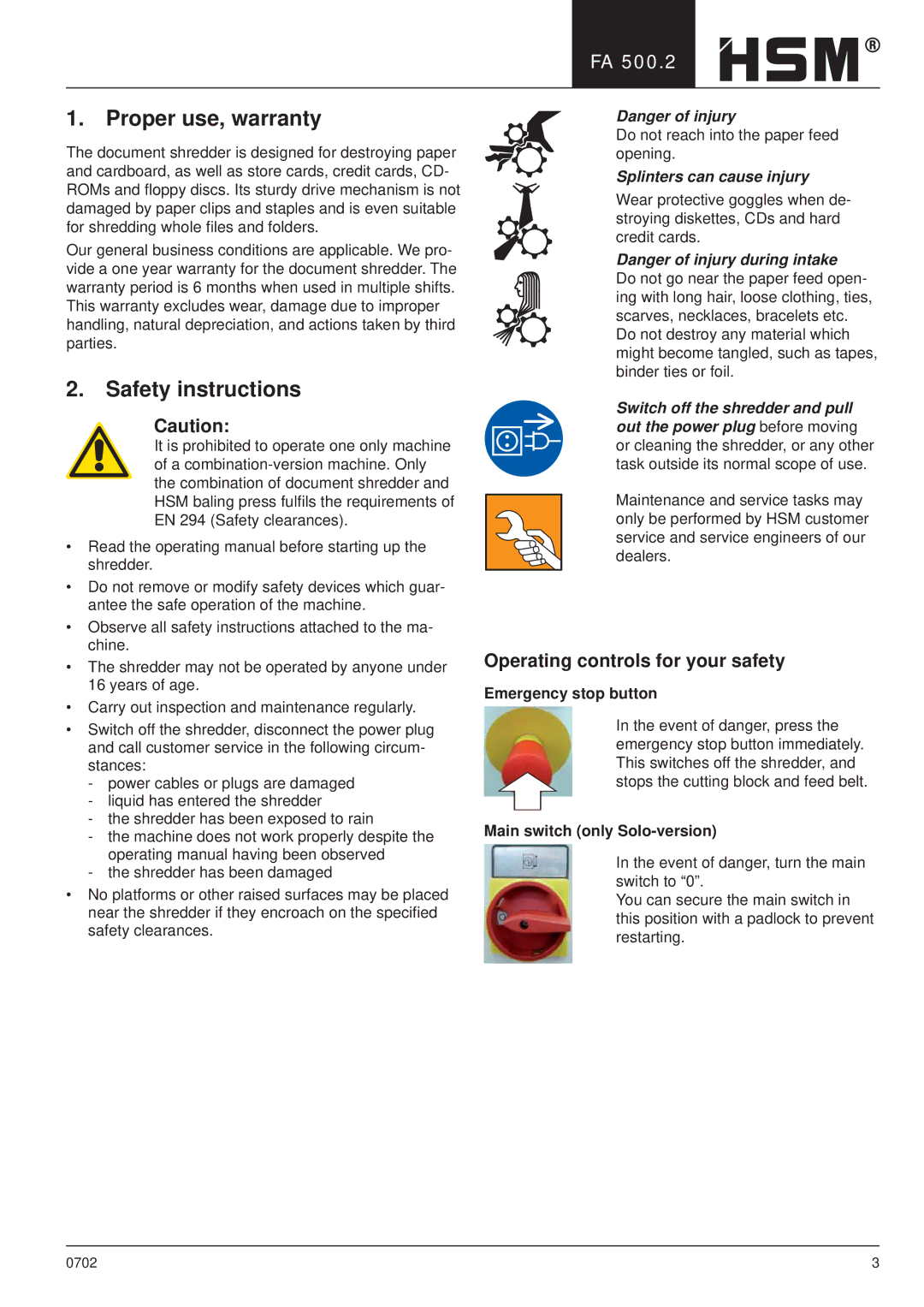 HSM HSM FA 500.2 Proper use, warranty, Safety instructions, Operating controls for your safety, Emergency stop button 