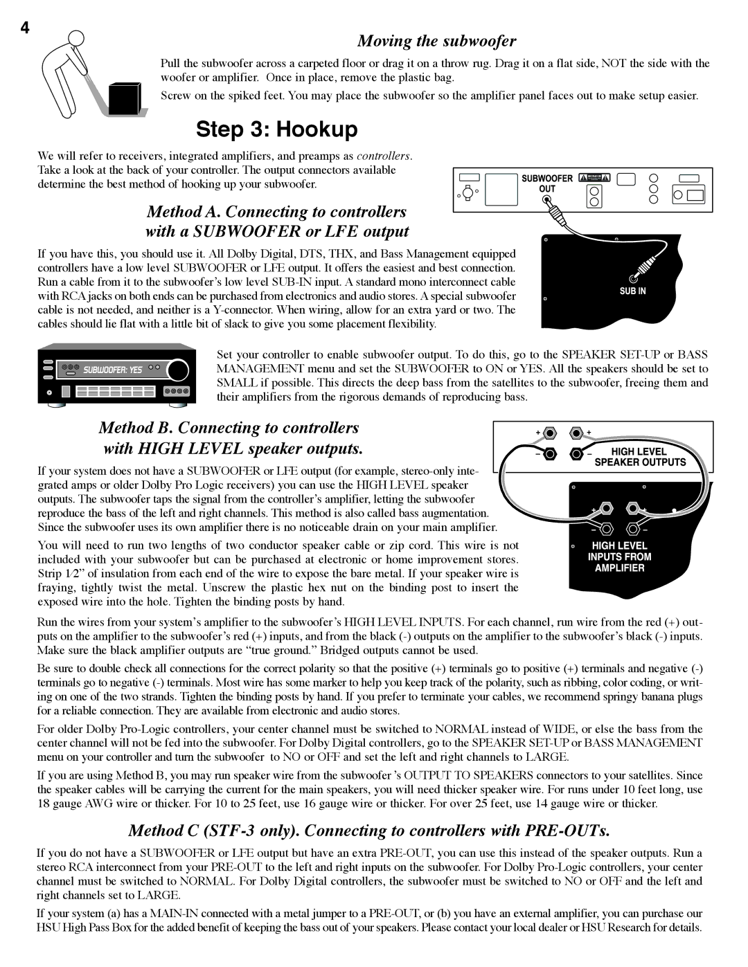 Hsu Research STF manual Hookup, Moving the subwoofer 