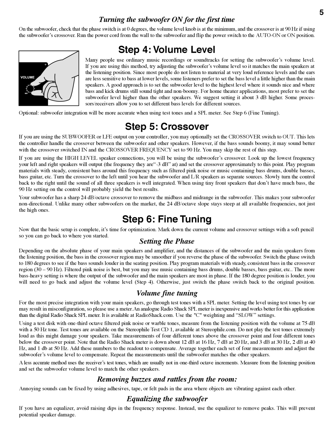 Hsu Research STF manual Volume Level, Crossover, Fine Tuning 