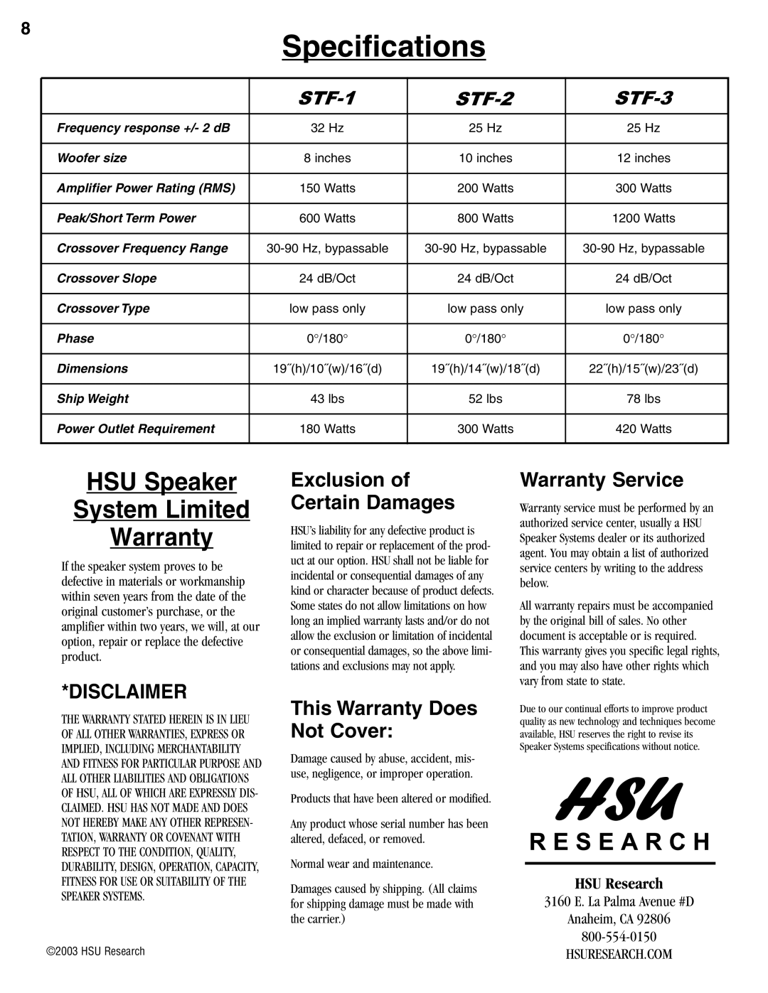 Hsu Research STF manual Specifications, HSU Speaker System Limited Warranty, Disclaimer, Exclusion of Certain Damages 
