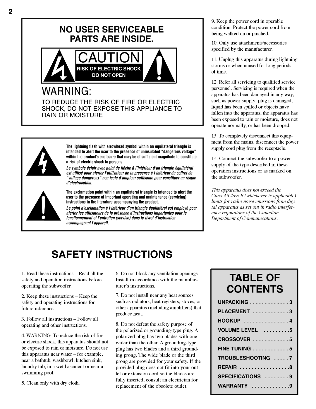 Hsu Research VTF-2 manual Safety Instructions 