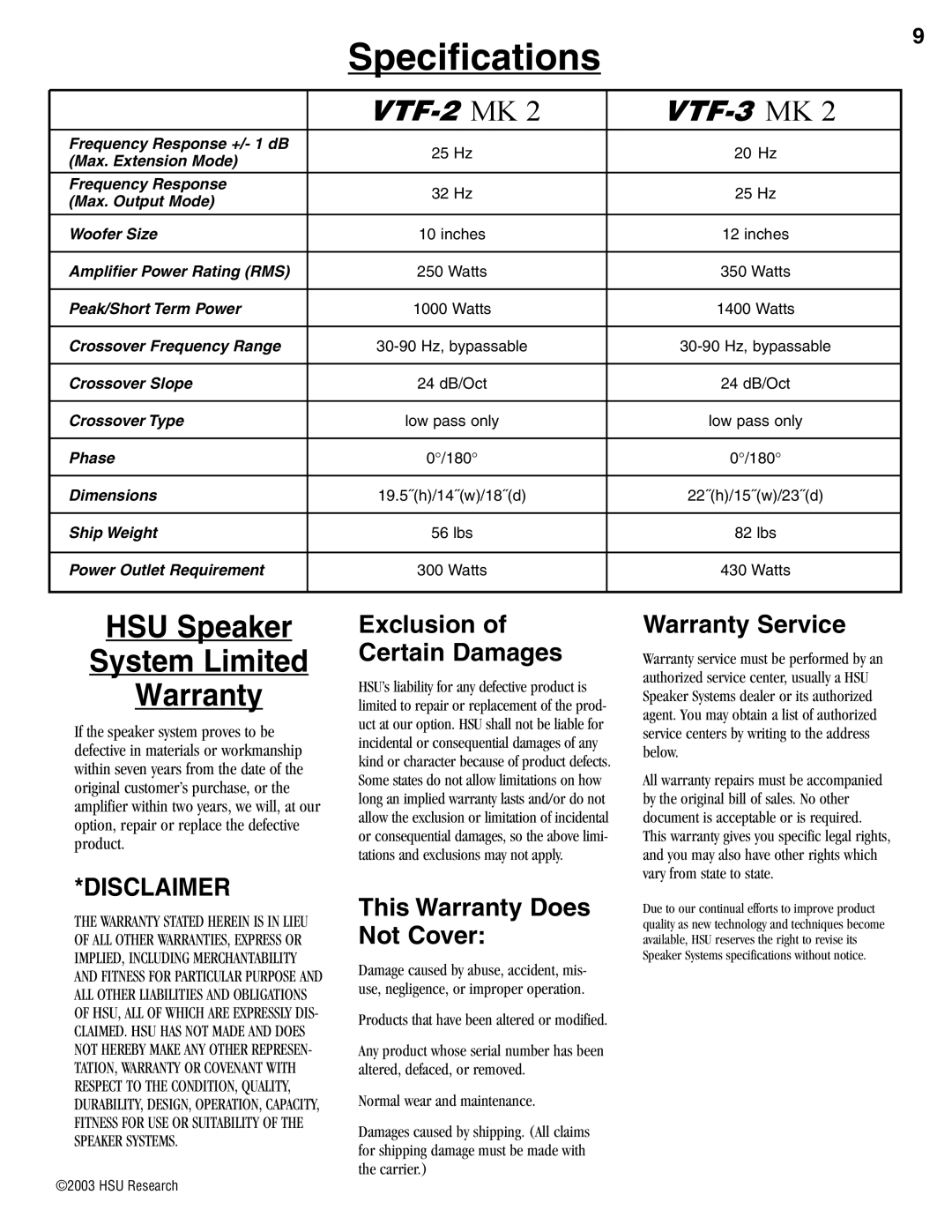 Hsu Research VTF-2 manual Specifications, HSU Speaker System Limited Warranty 