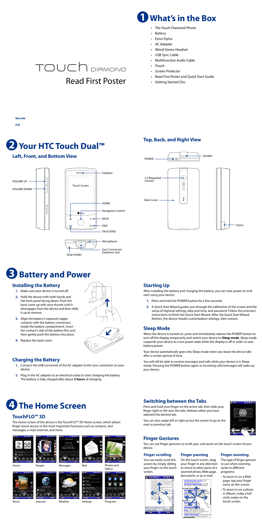 HTC 080716 quick start What’s in the Box, Your HTC Touch Dual, Battery and Power, Home Screen 